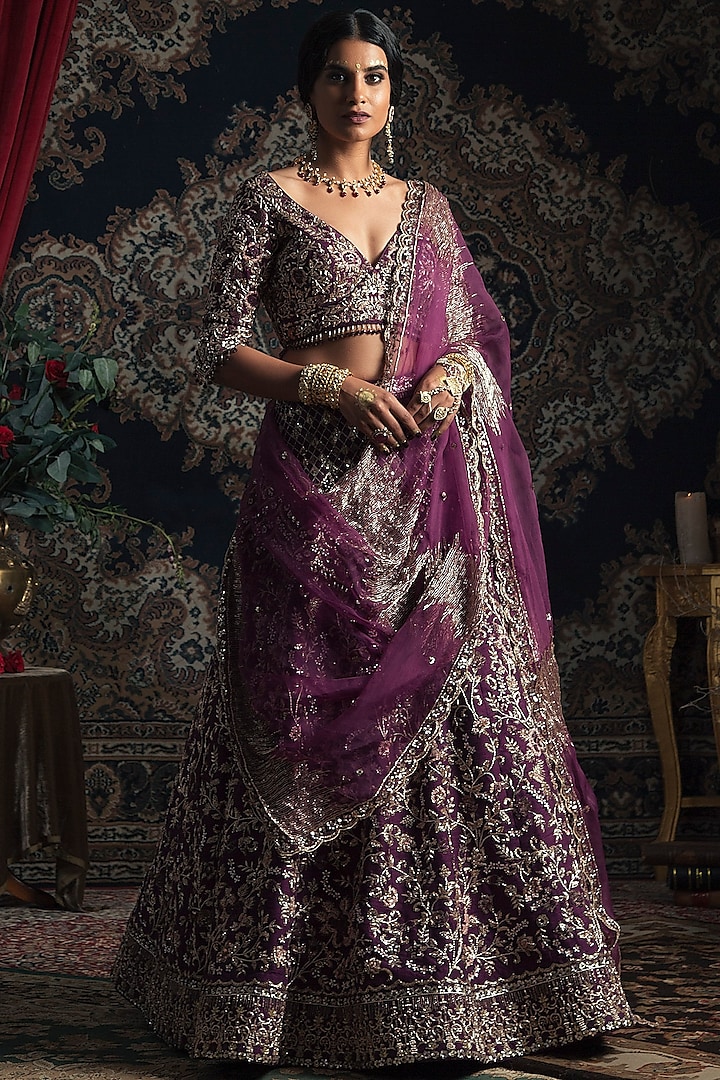 Purple Raw Silk Cutdana Embroidered Lehenga Set  by Rachit Khanna