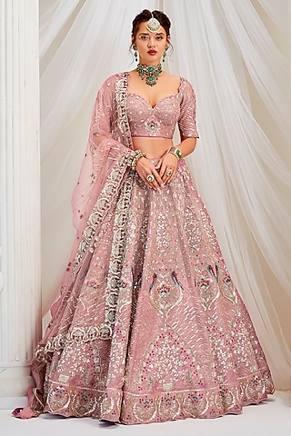 Brick Red Raw Silk Sequins Embroidered Lehenga Set by Rachit Khanna