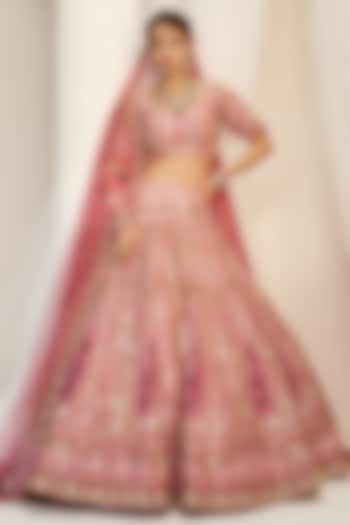 Paisley Pink Raw Silk Sequins Embroidered Bridal Lehenga Set by Rachit Khanna at Pernia's Pop Up Shop