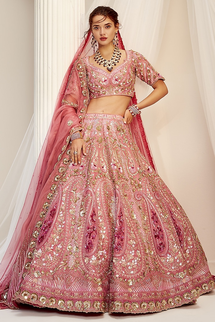 Paisley Pink Raw Silk Sequins Embroidered Bridal Lehenga Set by Rachit Khanna at Pernia's Pop Up Shop