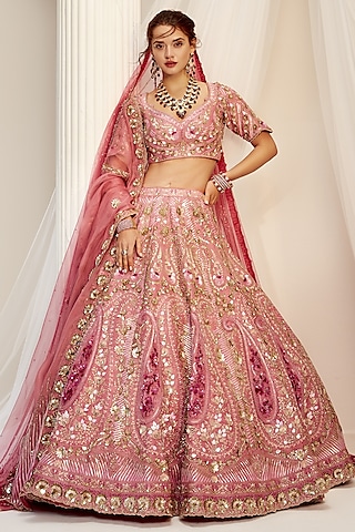 Paisley Pink Raw Silk Sequins Embroidered Lehenga Set by Rachit Khanna