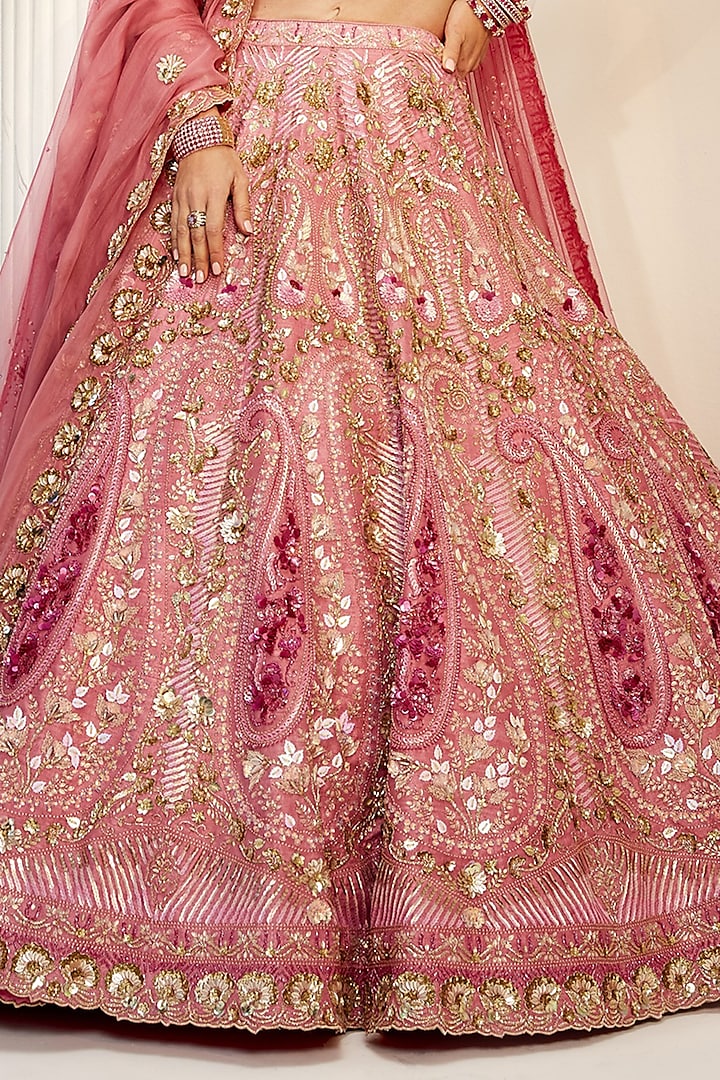 Paisley Pink Raw Silk Sequins Embroidered Bridal Lehenga Set by Rachit Khanna at Pernia's Pop Up Shop