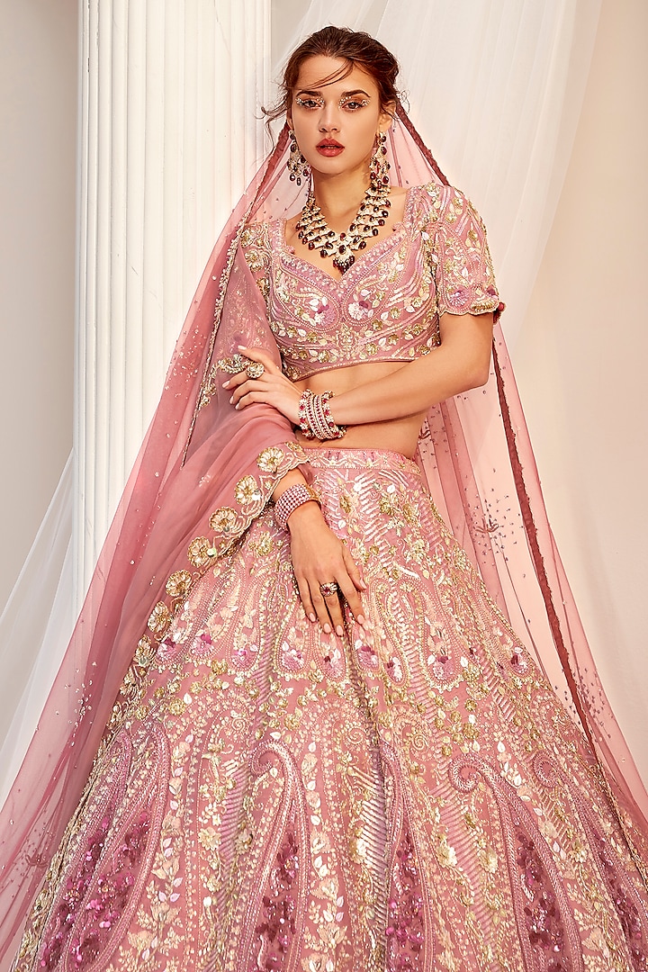 Paisley Pink Raw Silk Sequins Embroidered Bridal Lehenga Set by Rachit Khanna at Pernia's Pop Up Shop