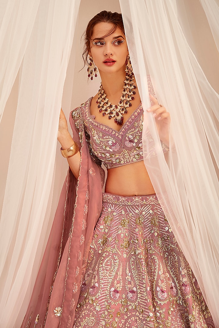 Paisley Pink Raw Silk Sequins Embroidered Bridal Lehenga Set by Rachit Khanna at Pernia's Pop Up Shop
