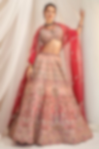 Dark Rose Gold Raw Silk Sequins Embroidered Bridal Lehenga Set by Rachit Khanna at Pernia's Pop Up Shop