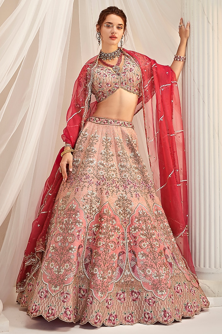Dark Rose Gold Raw Silk Sequins Embroidered Bridal Lehenga Set by Rachit Khanna at Pernia's Pop Up Shop