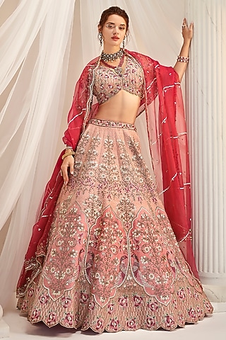 Dark Rose Gold Raw Silk Sequins Embroidered Lehenga Set by Rachit Khanna