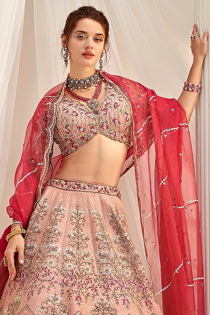 Dark Rose Gold Raw Silk Sequins Embroidered Bridal Lehenga Set by Rachit Khanna at Pernia's Pop Up Shop