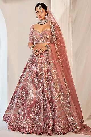 Salmon Pink Raw Silk Glass Beads Embroidered Lehenga Set by Rachit Khanna