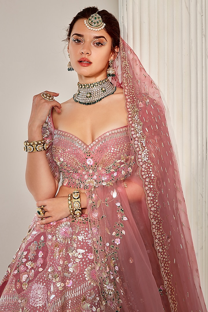 Salmon Pink Raw Silk Glass Beads Embroidered Bridal Lehenga Set by Rachit Khanna at Pernia's Pop Up Shop