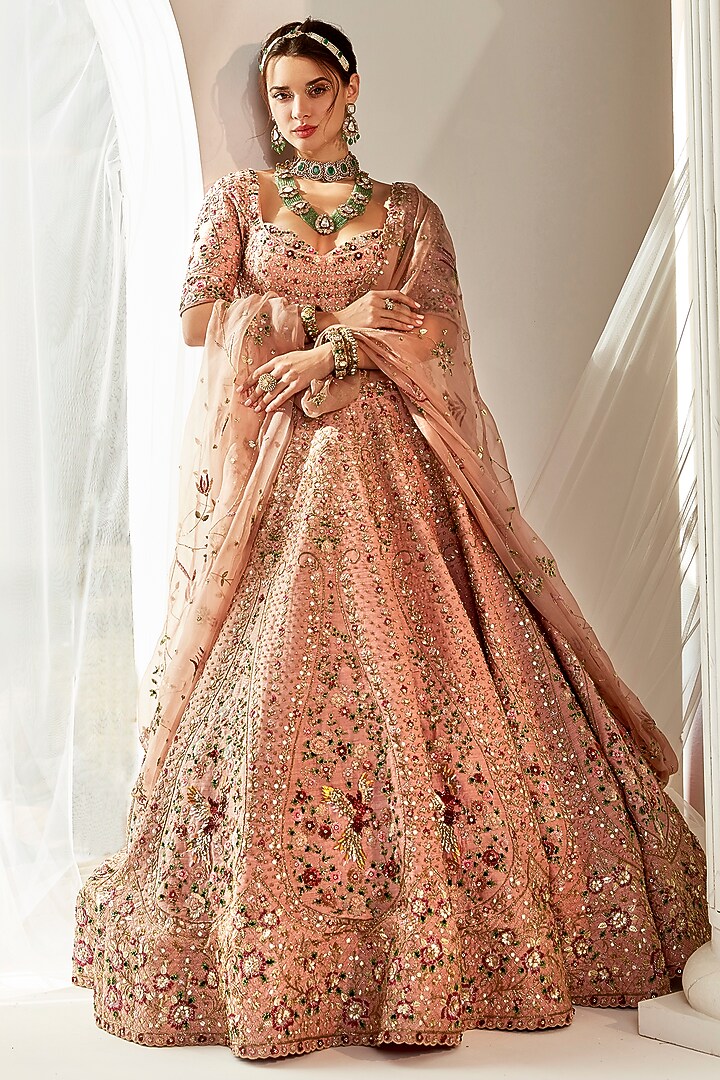 Old Rose Gold Raw Silk Glass Beads Embroidered Bridal Lehenga Set by Rachit Khanna at Pernia's Pop Up Shop