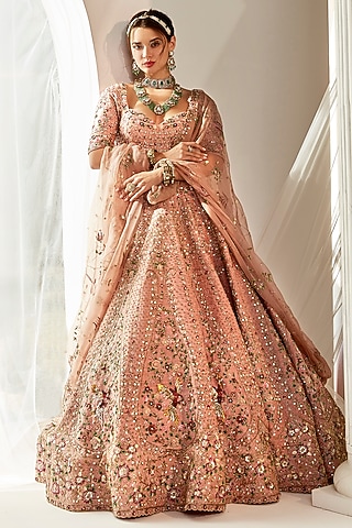 Old Rose Gold Raw Silk Glass Beads Embroidered Lehenga Set by Rachit Khanna