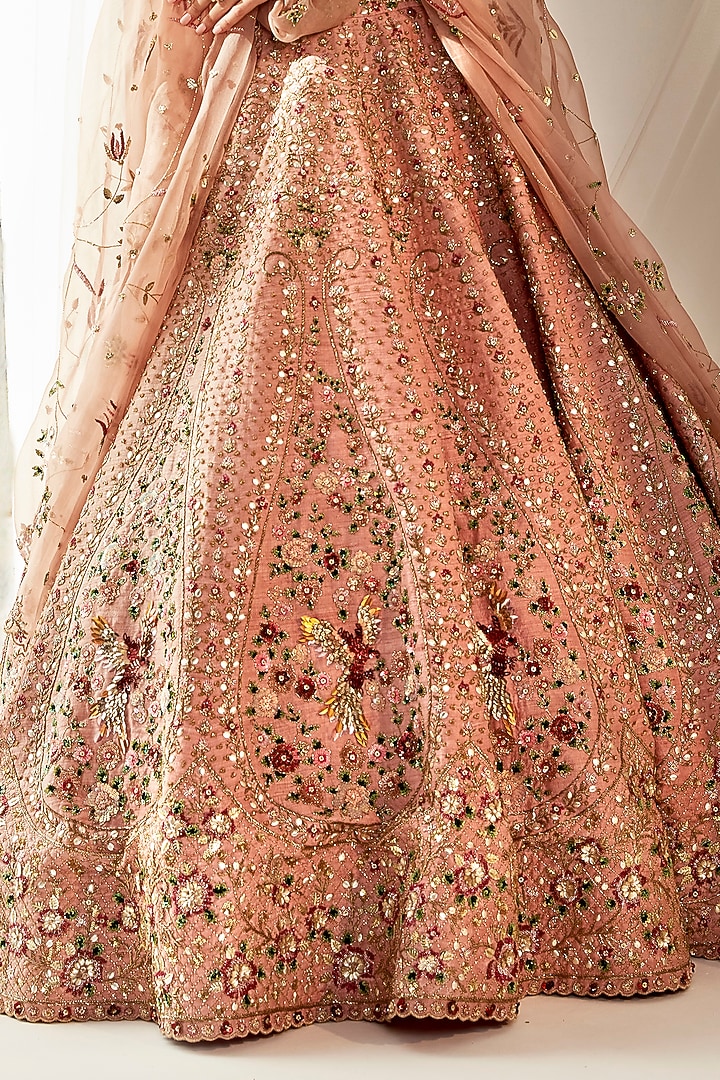 Old Rose Gold Raw Silk Glass Beads Embroidered Bridal Lehenga Set by Rachit Khanna at Pernia's Pop Up Shop