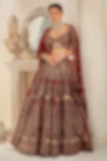 Antique Barn Red Raw Silk Glass Beads Embroidered Bridal Lehenga Set by Rachit Khanna at Pernia's Pop Up Shop