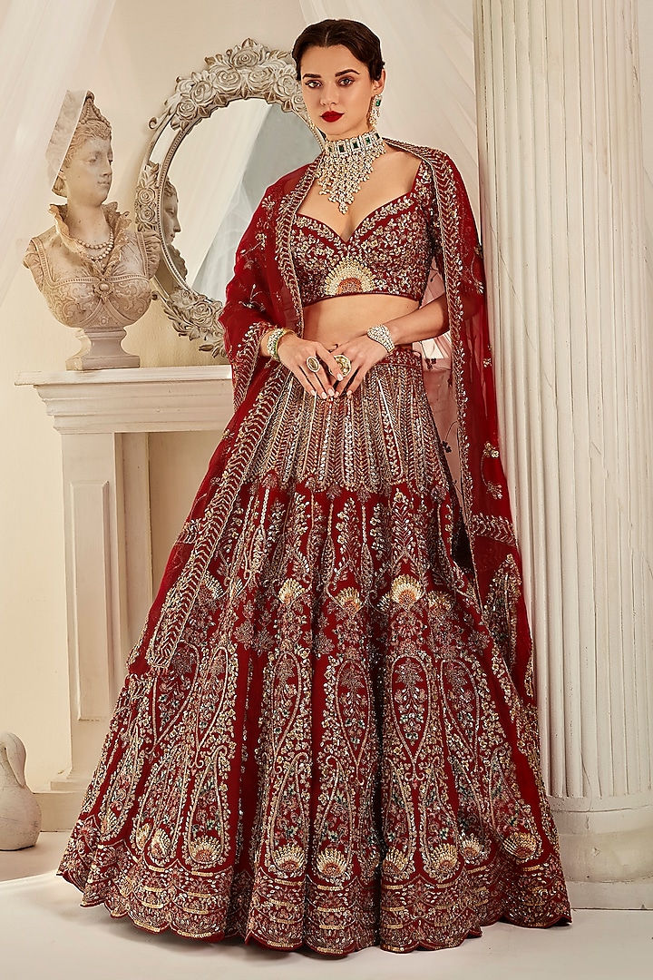 Antique Barn Red Raw Silk Glass Beads Embroidered Bridal Lehenga Set by Rachit Khanna at Pernia's Pop Up Shop