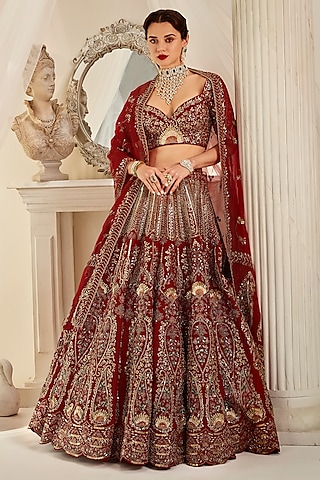 Antique Barn Red Raw Silk Glass Beads Embroidered Lehenga Set by Rachit Khanna
