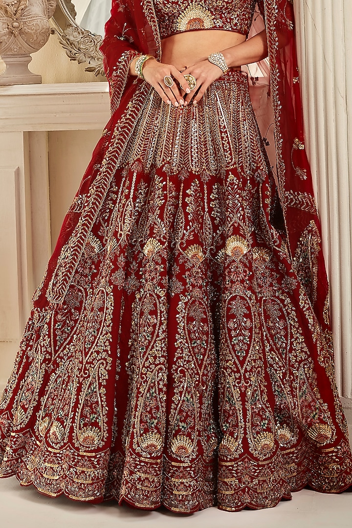Antique Barn Red Raw Silk Glass Beads Embroidered Bridal Lehenga Set by Rachit Khanna at Pernia's Pop Up Shop