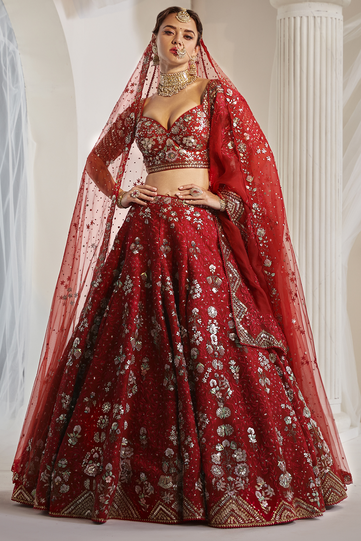Crimson Red Dupion Silk Sequins Embroidered Bridal Lehenga Set by Rachit Khanna at Pernia's Pop Up Shop