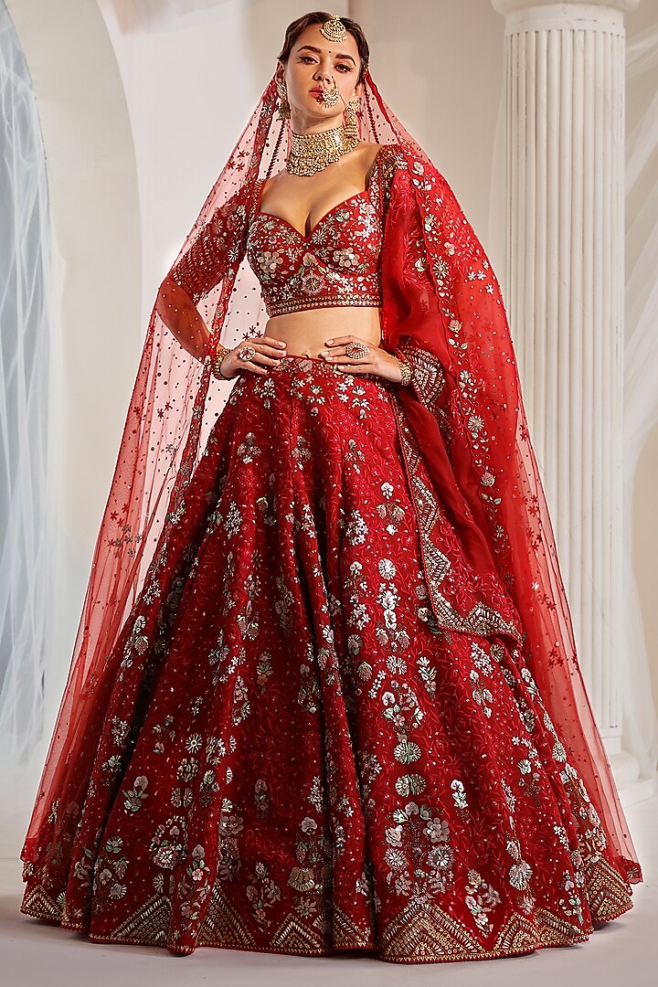 Crimson Red Dupion Silk Sequins Embroidered Bridal Lehenga Set by Rachit Khanna at Pernia's Pop Up Shop