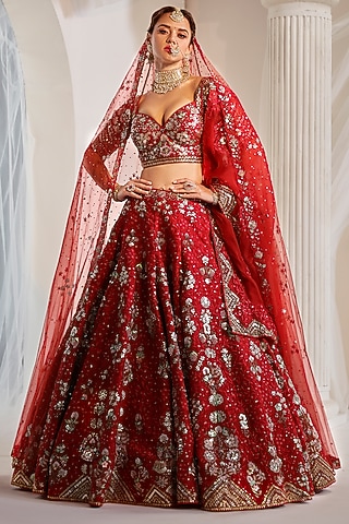 Crimson Red Dupion Silk Sequins Embroidered Lehenga Set by Rachit Khanna