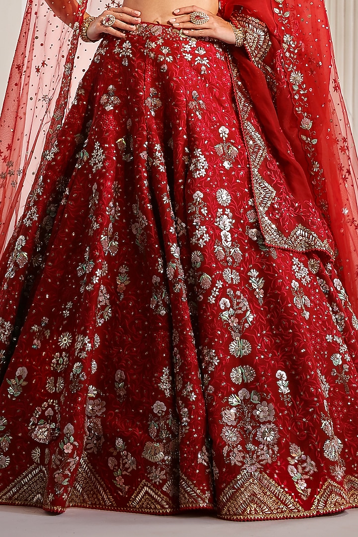 Crimson Red Dupion Silk Sequins Embroidered Bridal Lehenga Set by Rachit Khanna at Pernia's Pop Up Shop