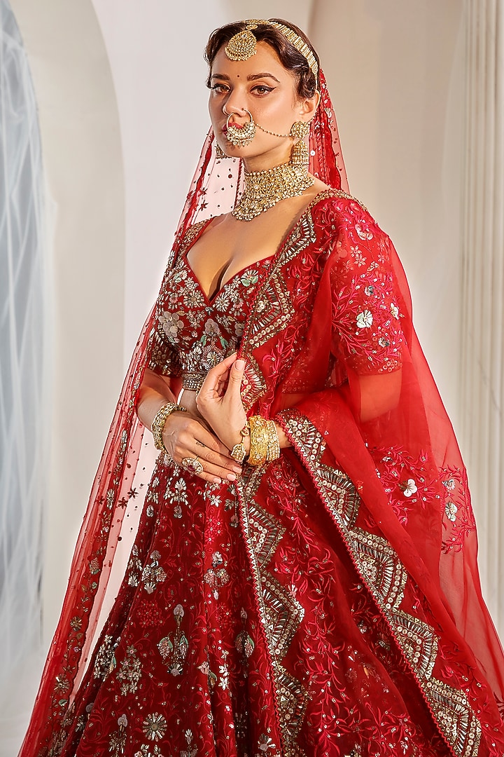 Crimson Red Dupion Silk Sequins Embroidered Bridal Lehenga Set by Rachit Khanna at Pernia's Pop Up Shop