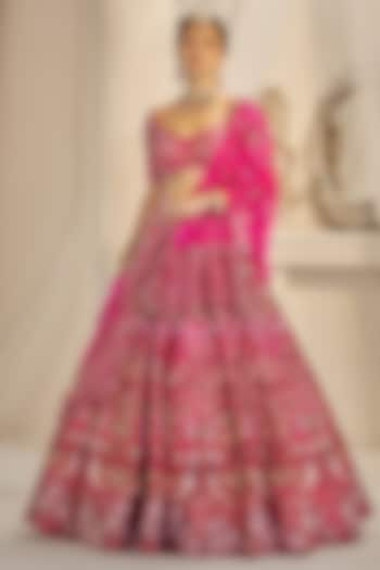 Cherry Pink Raw Silk Sequins Embroidered Bridal Lehenga Set by Rachit Khanna at Pernia's Pop Up Shop