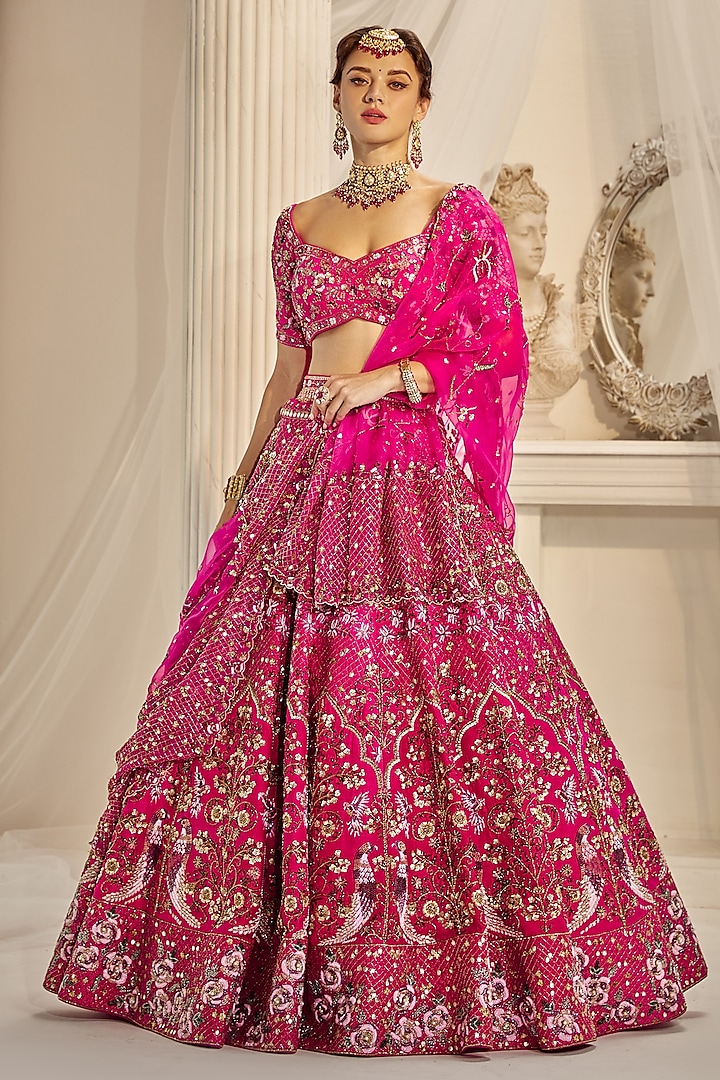 Cherry Pink Raw Silk Sequins Embroidered Bridal Lehenga Set by Rachit Khanna at Pernia's Pop Up Shop