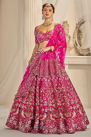 Cherry Pink Raw Silk Sequins Embroidered Lehenga Set by Rachit Khanna
