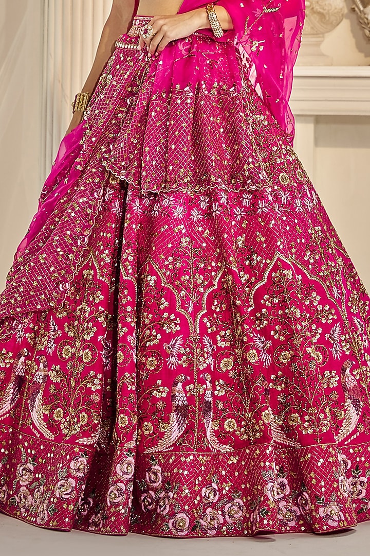 Cherry Pink Raw Silk Sequins Embroidered Bridal Lehenga Set by Rachit Khanna at Pernia's Pop Up Shop