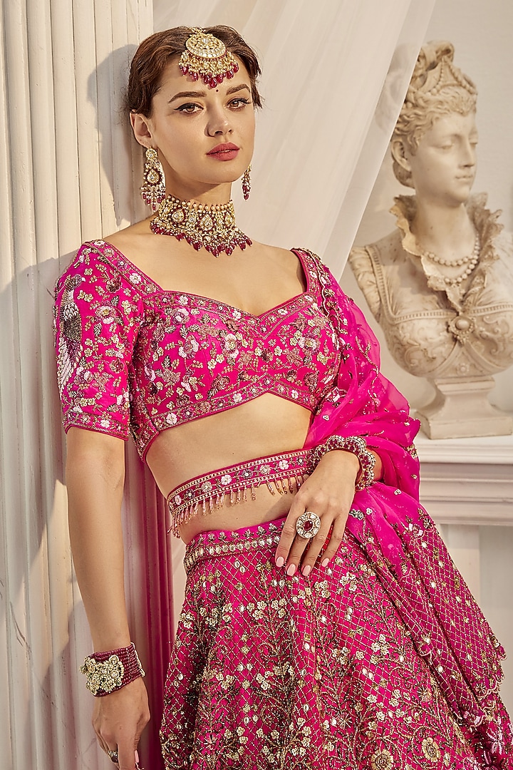 Cherry Pink Raw Silk Sequins Embroidered Bridal Lehenga Set by Rachit Khanna at Pernia's Pop Up Shop