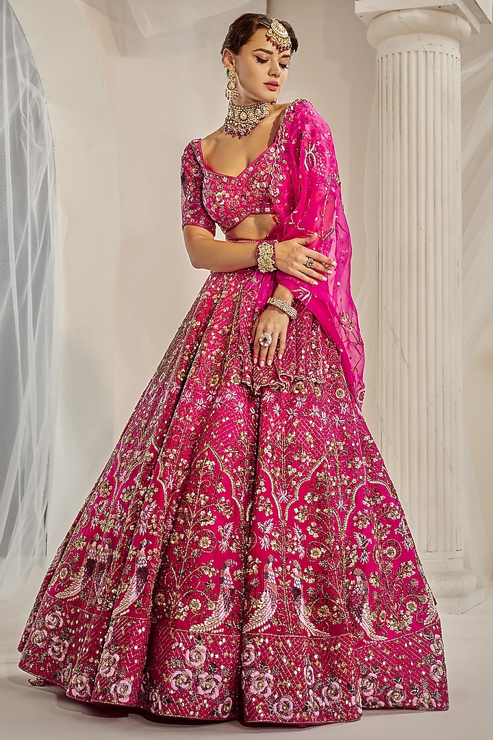 Cherry Pink Raw Silk Sequins Embroidered Bridal Lehenga Set by Rachit Khanna at Pernia's Pop Up Shop