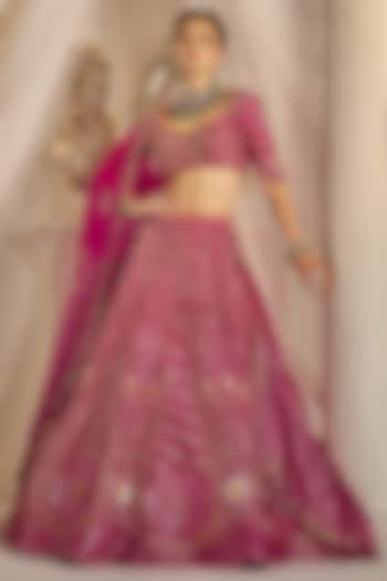 Raspberry Pink Raw Silk Sequins Embroidered Bridal Lehenga Set by Rachit Khanna at Pernia's Pop Up Shop