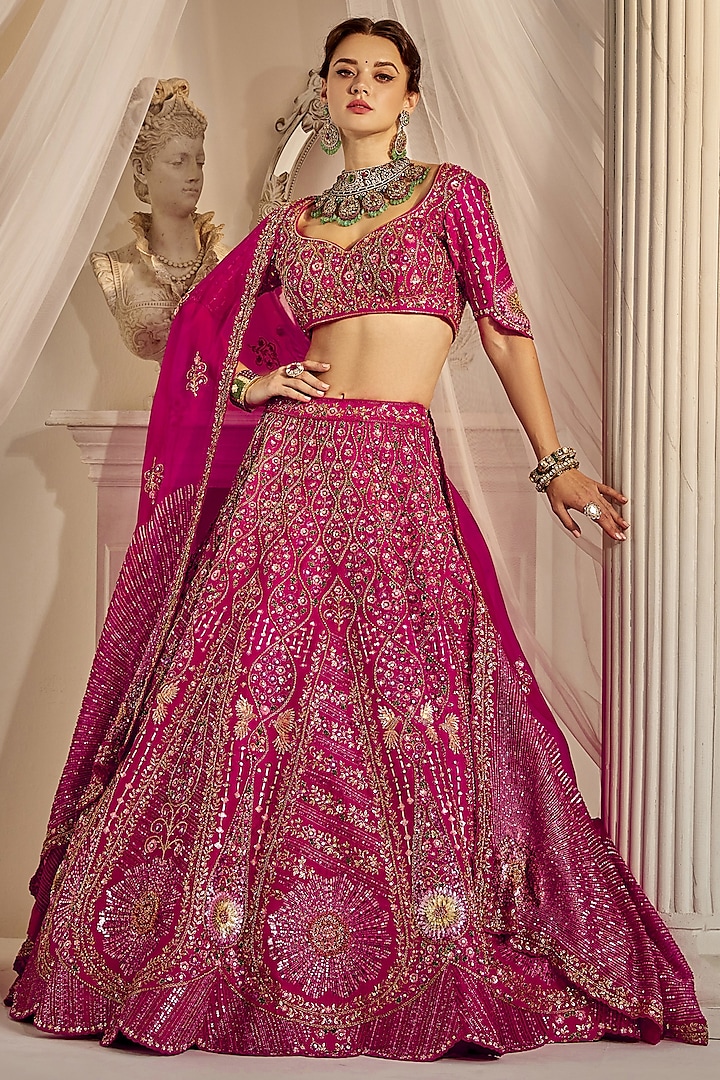 Raspberry Pink Raw Silk Sequins Embroidered Bridal Lehenga Set by Rachit Khanna at Pernia's Pop Up Shop
