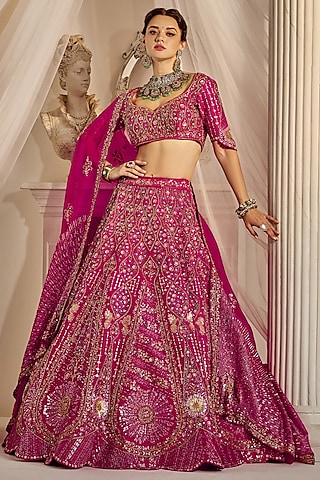 Raspberry Pink Raw Silk Sequins Embroidered Lehenga Set by Rachit Khanna