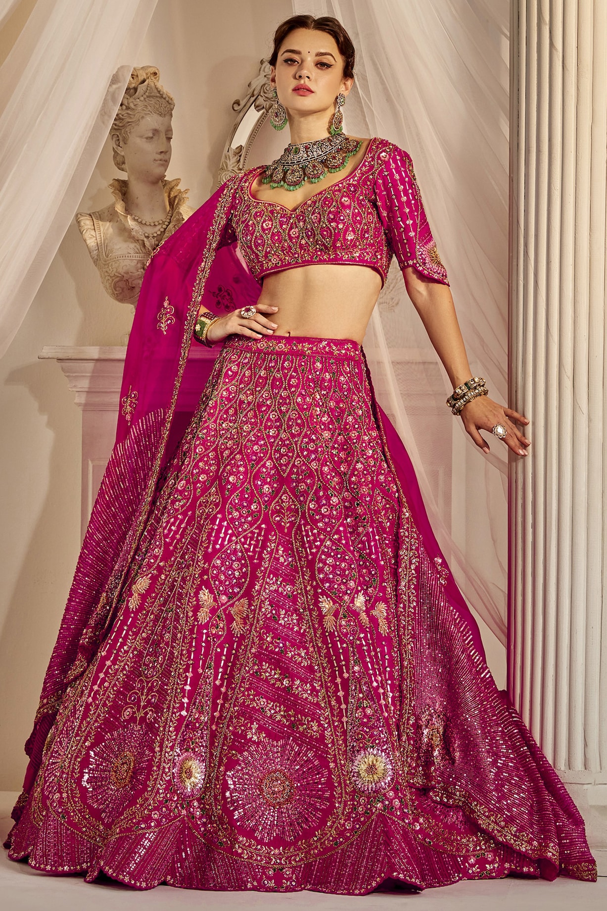 Raspberry Pink Raw Silk Sequins Embroidered Bridal Lehenga Set by