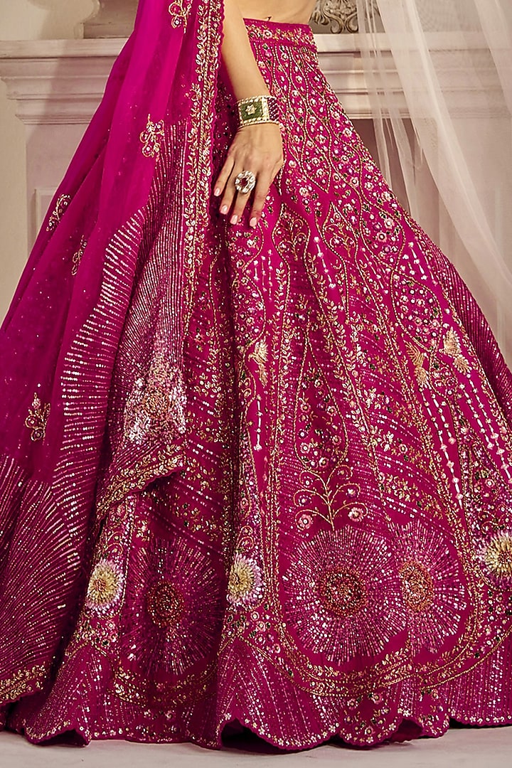 Raspberry Pink Raw Silk Sequins Embroidered Bridal Lehenga Set by Rachit Khanna at Pernia's Pop Up Shop