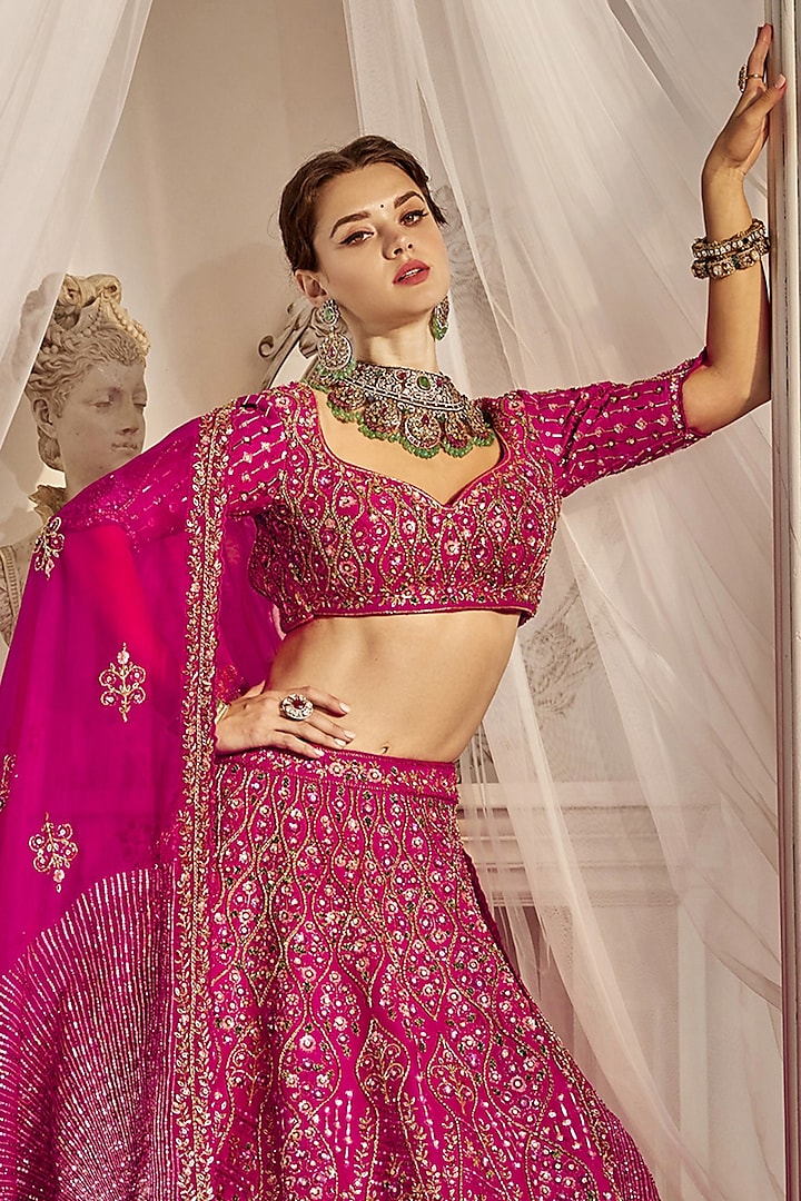 Raspberry Pink Raw Silk Sequins Embroidered Bridal Lehenga Set by Rachit Khanna at Pernia's Pop Up Shop