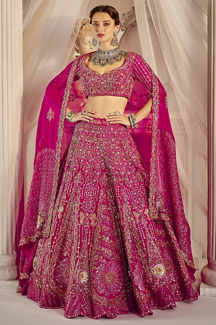 Raspberry Pink Raw Silk Sequins Embroidered Bridal Lehenga Set by Rachit Khanna at Pernia's Pop Up Shop