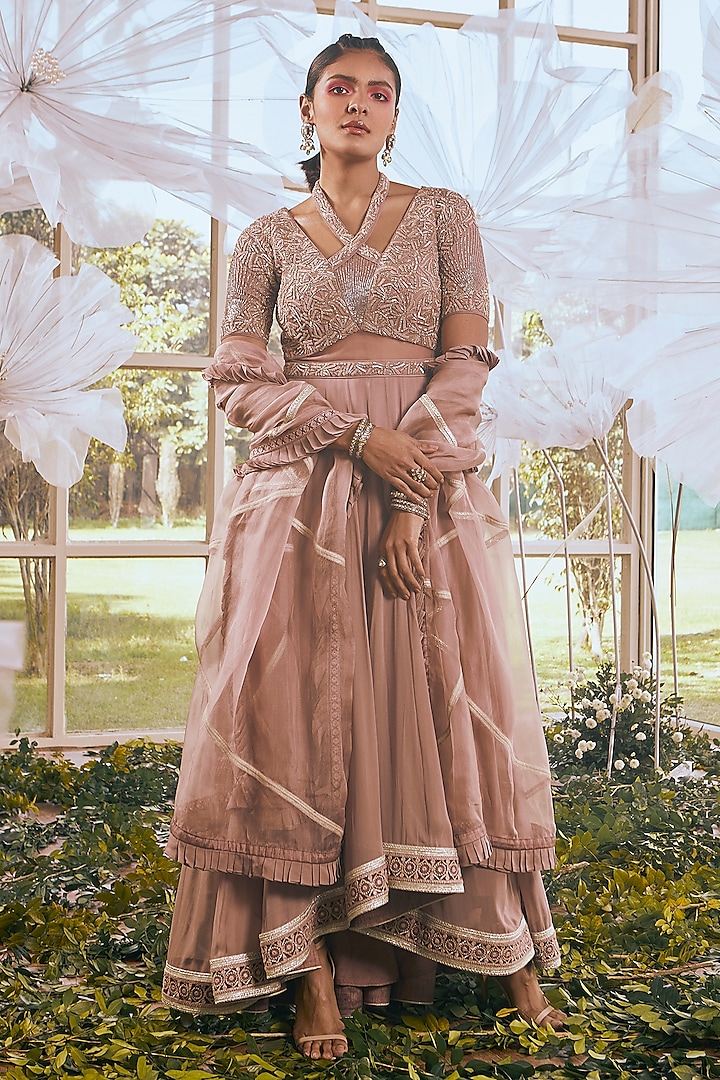 Onion Pink Net & Georgette Glass Beads Embroidered High-Low Anarkali Set by Rachit Khanna at Pernia's Pop Up Shop