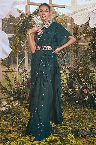Dark Teal Net & Georgette Draped Saree Set by Rachit Khanna