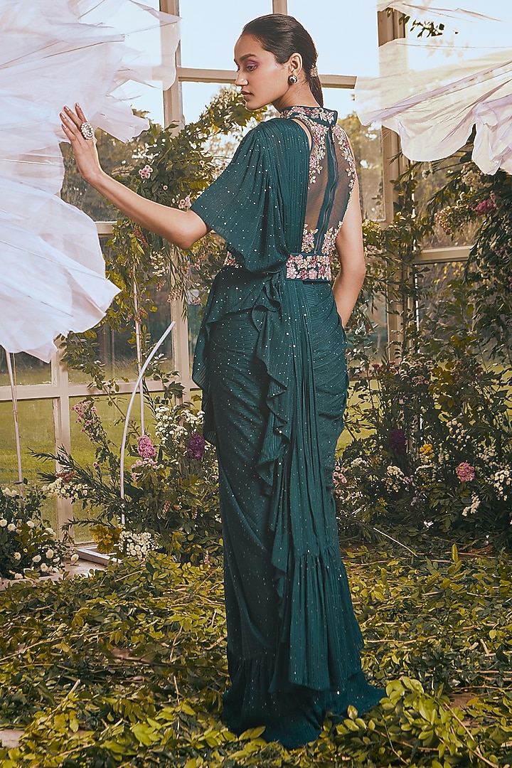 Dark Teal Net & Georgette Draped Reception Saree Set by Rachit Khanna at Pernia's Pop Up Shop