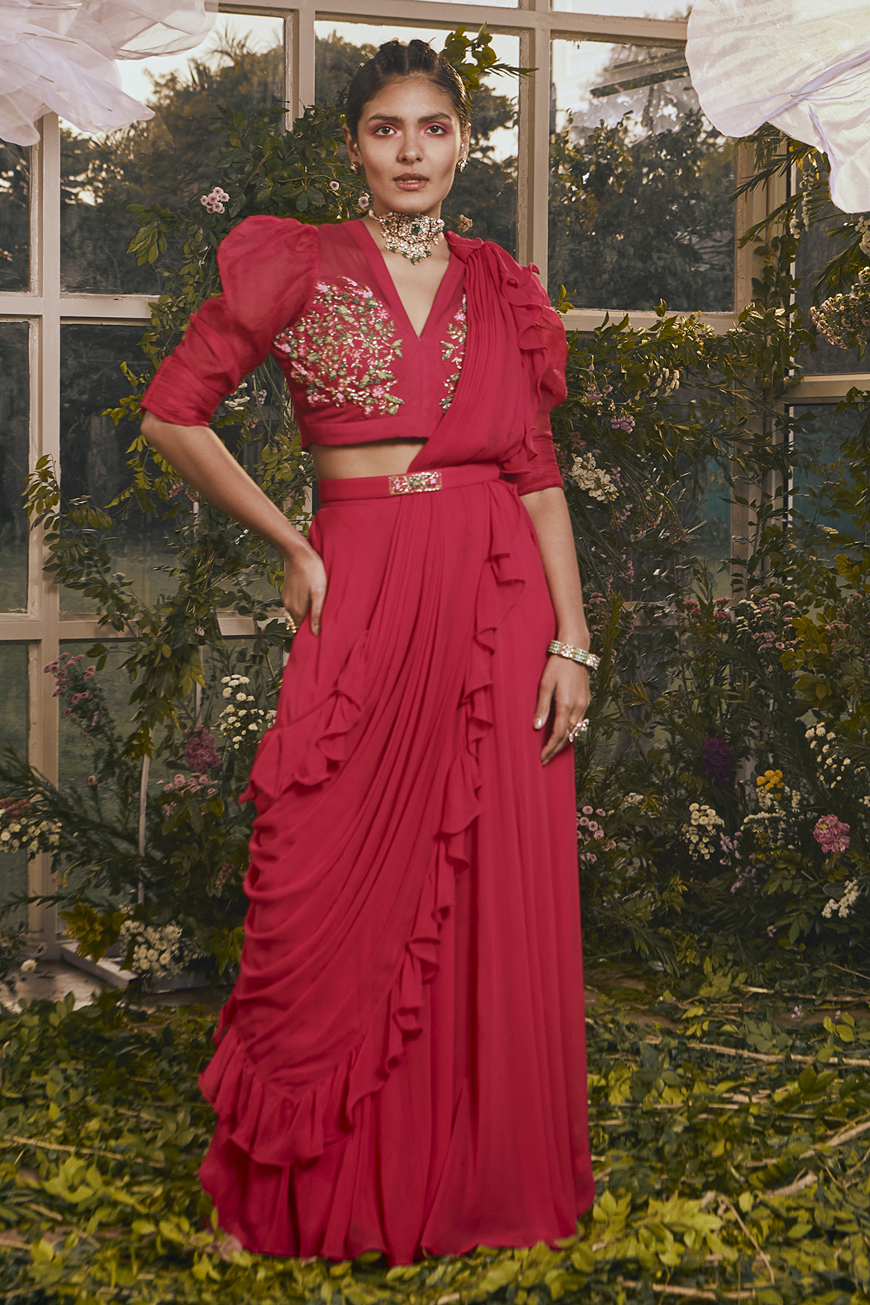 Hot Pink Net & Georgette Draped Pant Saree Set by Rachit Khanna at Pernia's Pop Up Shop