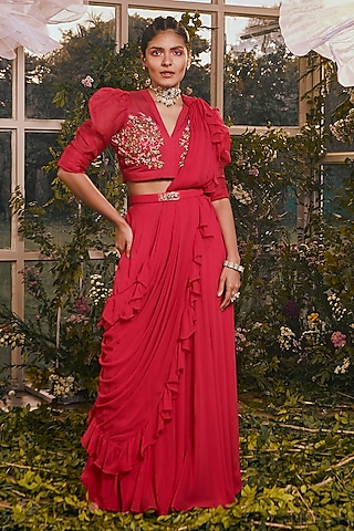 Hot Pink Net & Georgette Draped Pant Saree Set by Rachit Khanna
