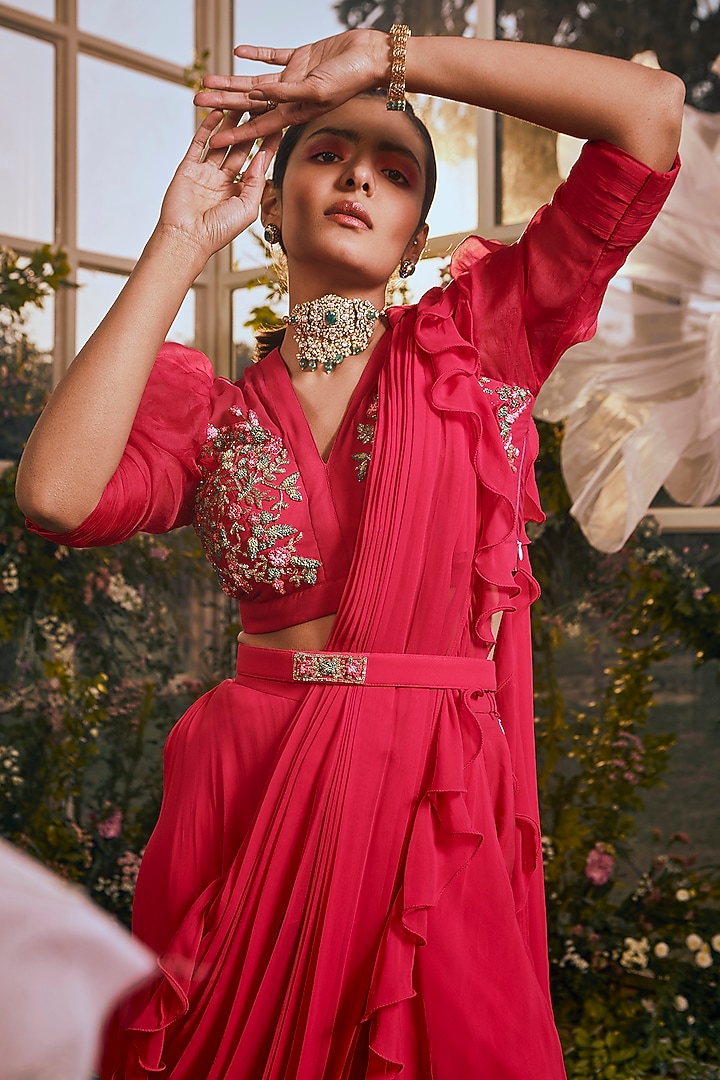 Hot Pink Net & Georgette Draped Pant Wedding Saree Set by Rachit Khanna at Pernia's Pop Up Shop