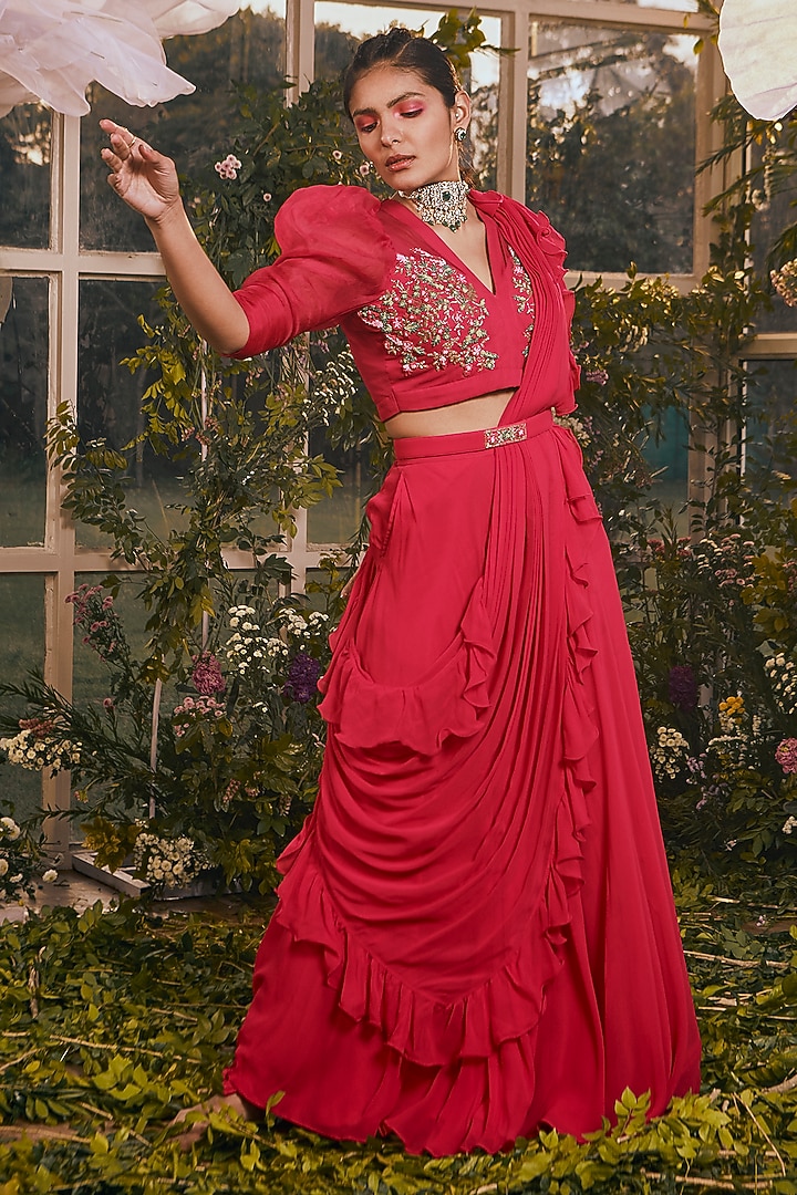 Hot Pink Net & Georgette Draped Pant Wedding Saree Set by Rachit Khanna at Pernia's Pop Up Shop