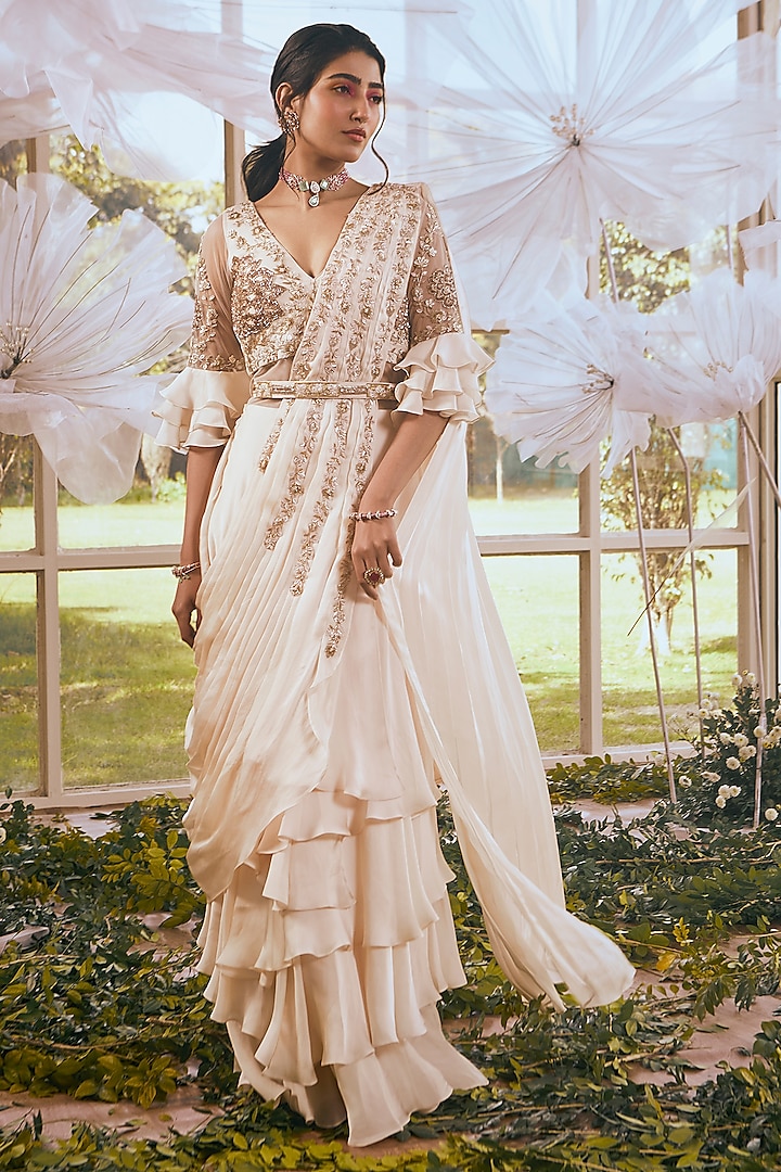 Ivory Satin Georgette Layered Draped Saree Set by Rachit Khanna at Pernia's Pop Up Shop