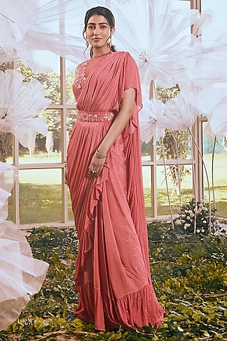 Brick Red Self Chiffon Draped Saree Set by Rachit Khanna