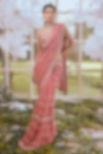 Salmon Pink Georgette Cutdana Embroidered Saree Set by Rachit Khanna at Pernia's Pop Up Shop