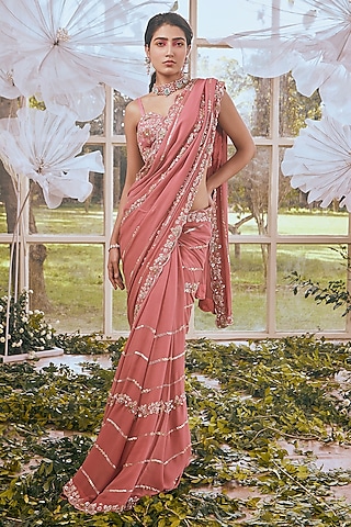 Salmon Pink Georgette Cutdana Embroidered Saree Set by Rachit Khanna